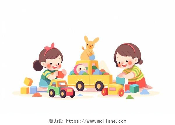 两个小孩在地上开心地玩积木玩具卡通AI插画幼儿园招生儿童玩玩具